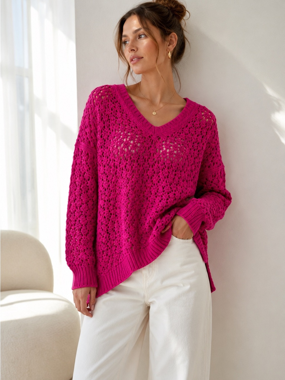 Agnona Italy Hot Pink Cashmere Open Knit V-Neck Sweater Sz Small